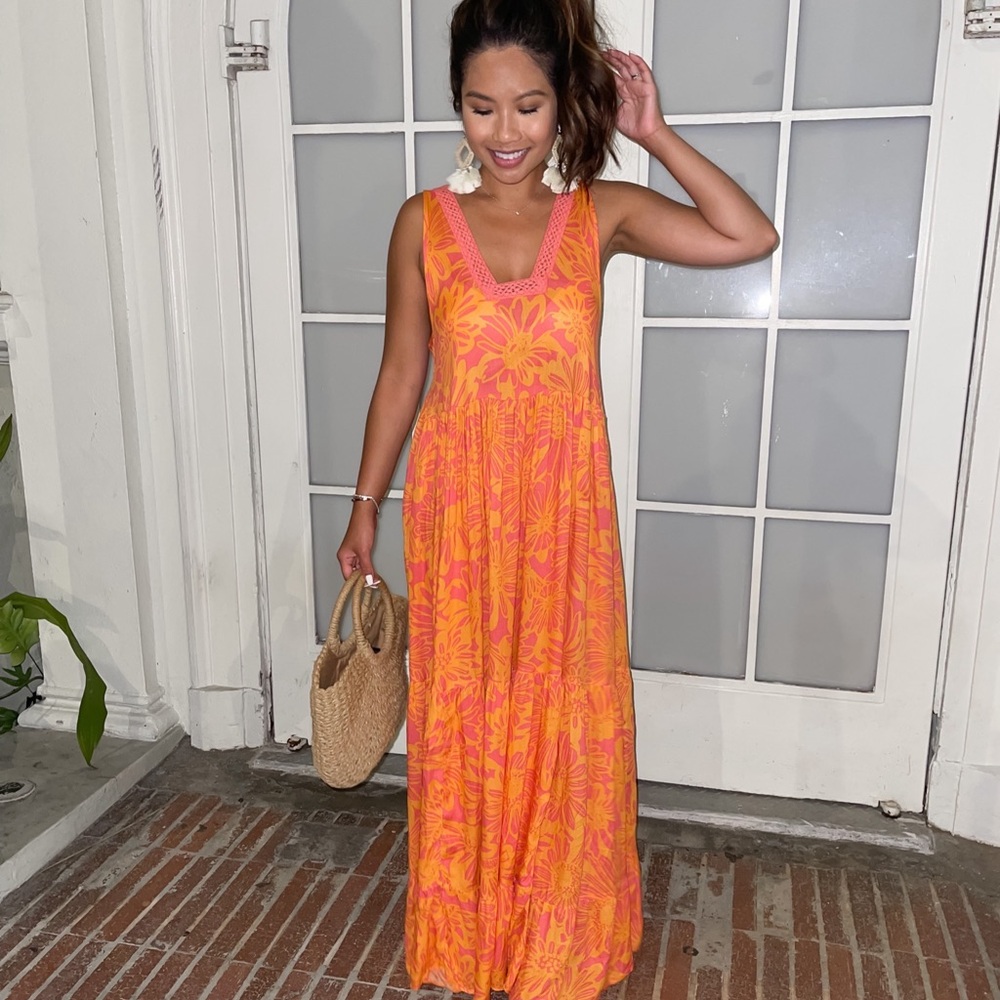 Free People Tiers for You Pink and Orange Floral Maxi Dress